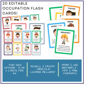 以下が含まれることがあります： さまざまな職業を描いた、カラフルなフラッシュカード20枚セット。各カードには、教師、パン職人、建築家など、特定の職業の人物のイラストと、その役割についての簡単な説明が記載されています。カードは教育目的で設計されており、子供たちにさまざまな職業について教えるために使用できます。