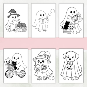 May include: A set of six black and white coloring pages featuring cute ghosts, a dog in a ghost costume, pumpkins, books, flowers, a cat, a bicycle, and roller skates. Each rectangular page displays a distinct line art illustration for coloring.