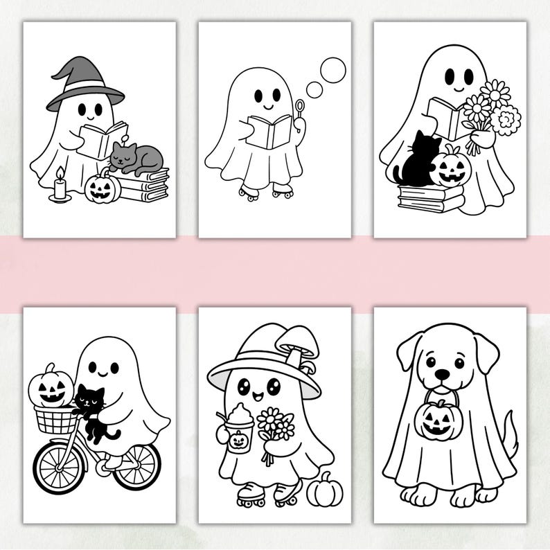May include: A set of six black and white coloring pages featuring cute ghosts, a dog in a ghost costume, pumpkins, books, flowers, a cat, a bicycle, and roller skates. Each rectangular page displays a distinct line art illustration for coloring.