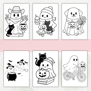 May include: A set of six black and white coloring pages featuring cute illustrations of ghosts, a dog, cats, pumpkins, a witch's cauldron, a broomstick, a skateboard, and a bicycle. Each page displays distinct seasonal characters and festive items.