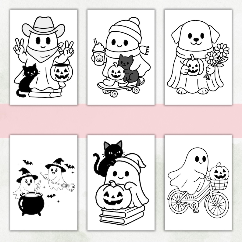 May include: A set of six black and white coloring pages featuring cute illustrations of ghosts, a dog, cats, pumpkins, a witch's cauldron, a broomstick, a skateboard, and a bicycle. Each page displays distinct seasonal characters and festive items.