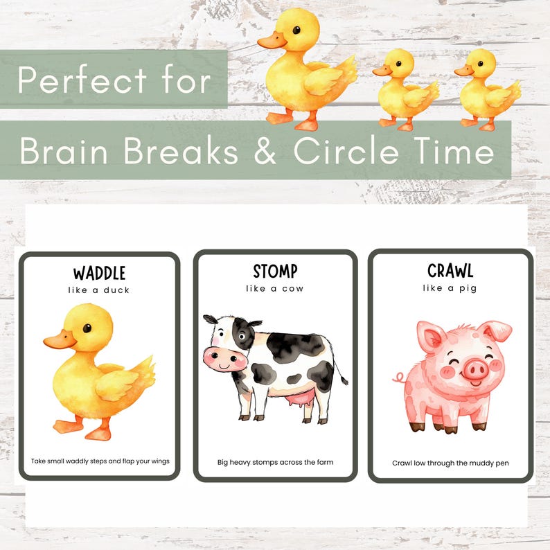 May include: Educational cards with illustrations of farm animals and instructions for movement. The cards feature a yellow duck, a black and white cow, and a pink pig. Text includes "Waddle like a duck", "Stomp like a cow", and "Crawl like a pig".