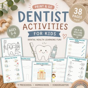 Könnte beinhalten: Druckbare Zahnarzt-Aktivitäten für Kinder im Alter von 3-6 Jahren. Enthält Malvorlagen, Zuordnungsspiele und Zahnanatomie-Diagramme. Das Set umfasst 38 Seiten und sowohl britische als auch US-amerikanische Schreibweisen.