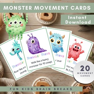 Monster Movement Cards for Kids | Preschool Brain Break Activity | Gross Motor Game for Classroom & Home | Indoor Energy Release Printable