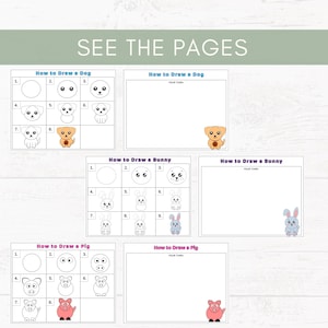 May include: A white instructional drawing guide with the text "SEE THE PAGES". The guide includes step-by-step instructions on how to draw a dog, bunny, and pig. Each animal drawing guide has a blank space for the user to draw.