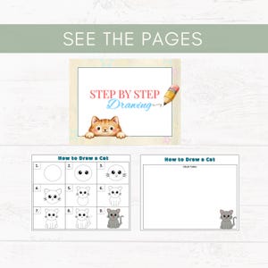 May include: A step-by-step drawing guide for a cat. The cover features a cartoon cat and the words "Step by Step Drawing." The guide includes numbered steps for drawing a cat, with a blank page for practice.
