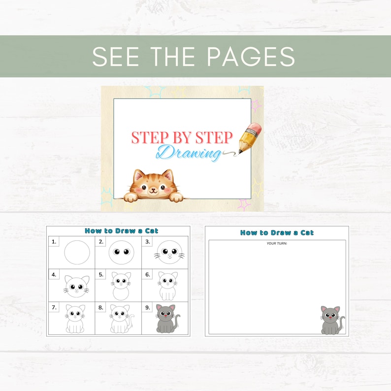 May include: A step-by-step drawing guide for a cat. The cover features a cartoon cat and the words "Step by Step Drawing." The guide includes numbered steps for drawing a cat, with a blank page for practice.