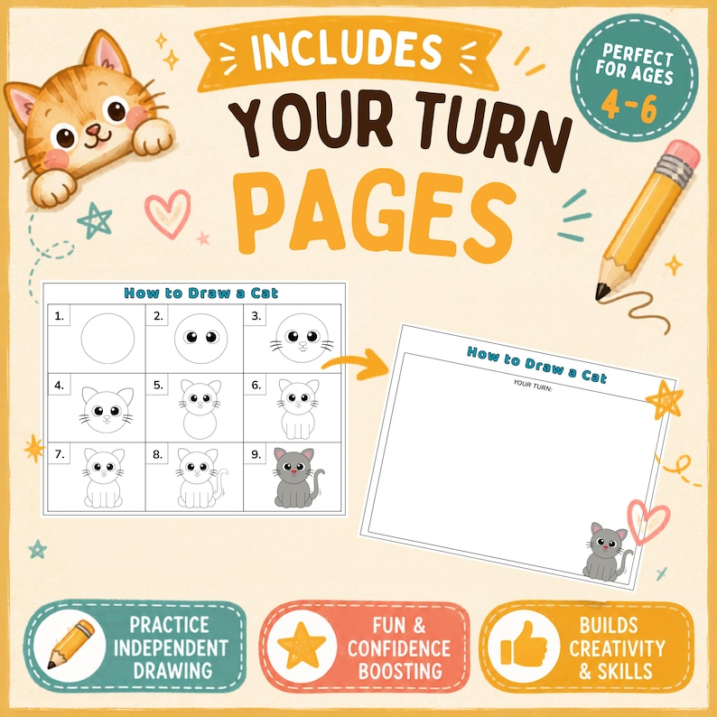 May include: A children's drawing activity book with the text "INCLUDES YOUR TURN PAGES". The book features a step-by-step guide on how to draw a cat, a blank page for practice, and icons promoting independent drawing and creativity.