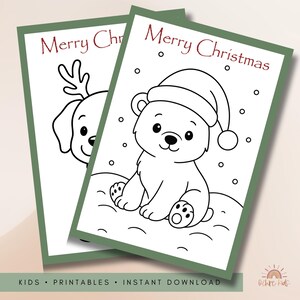 May include: Two Christmas-themed printable cards with a green border. One card features a dog with reindeer antlers, and the other shows a polar bear wearing a Santa hat. The words "Merry Christmas" are written in red. The bottom of the cards reads "KIDS &bull; PRINTABLES &bull; INSTANT DOWNLOAD".