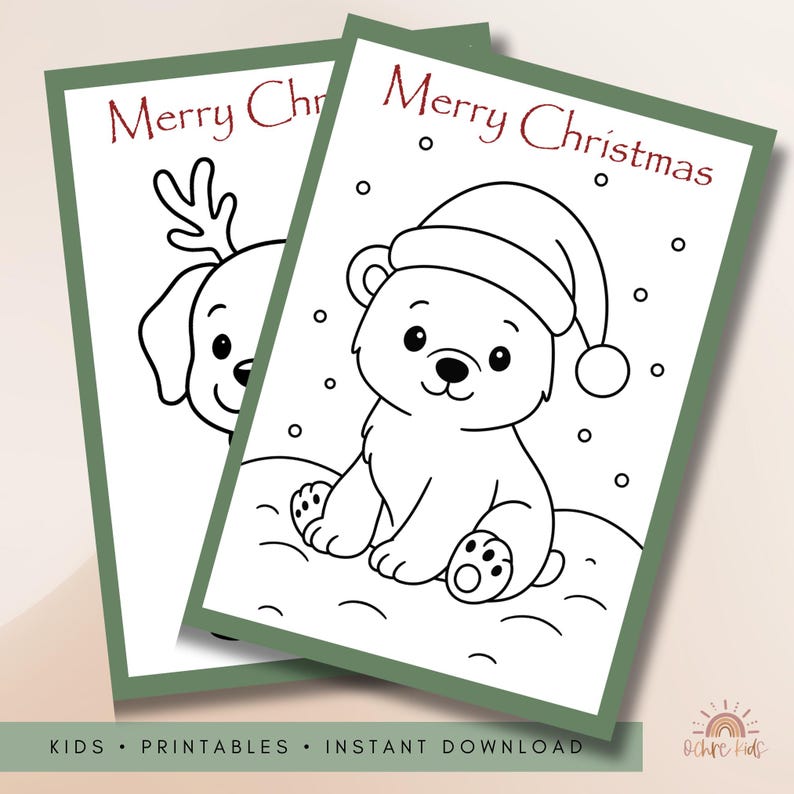 May include: Two Christmas-themed printable cards with a green border. One card features a dog with reindeer antlers, and the other shows a polar bear wearing a Santa hat. The words "Merry Christmas" are written in red. The bottom of the cards reads "KIDS &bull; PRINTABLES &bull; INSTANT DOWNLOAD".
