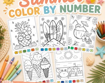 May include: A collection of five black and white "Summer Color By Number" preschool printables. Each printable features a summer-themed image, such as a pineapple, surfboards, and ice cream cones, with numbered sections for coloring. The text "Summer COLOR BY NUMBER" is at the top.