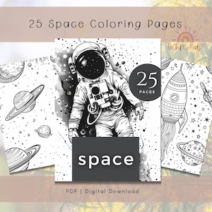 25 Space Themed Coloring Pages for Kids and Adults | A4 Printable PDF | Instant Digital Download