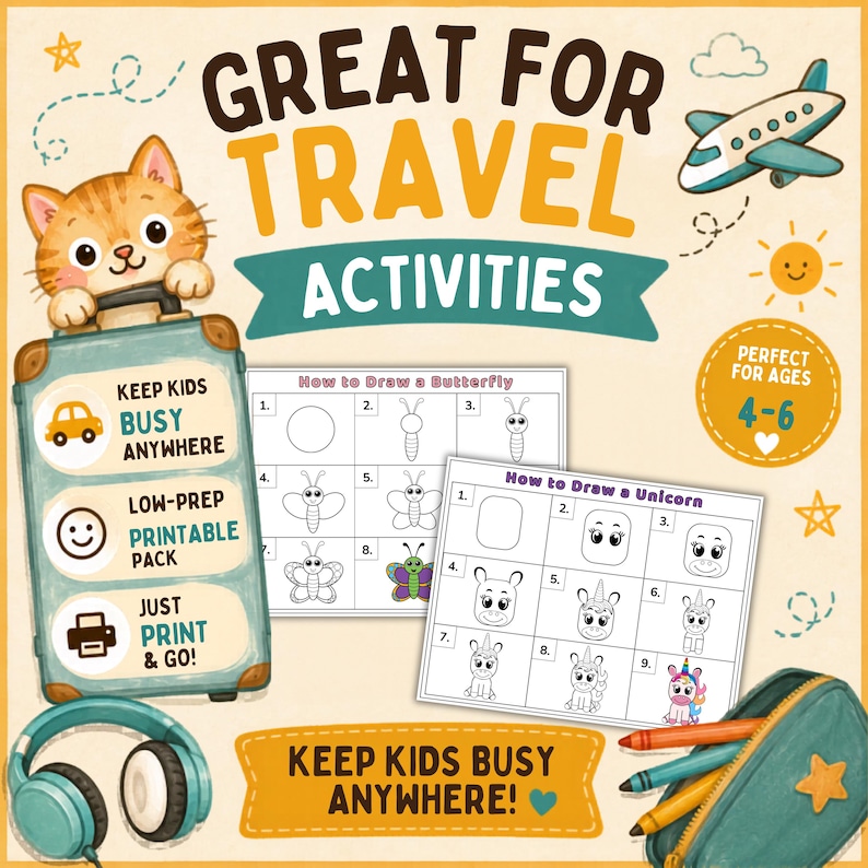 May include: A colorful illustration promoting travel activities for kids. The image features a cartoon cat on a suitcase, drawing guides for a butterfly and unicorn, and the text "Great for Travel Activities." Includes the text "Keep Kids Busy Anywhere!" and "Perfect for Ages 4-6."