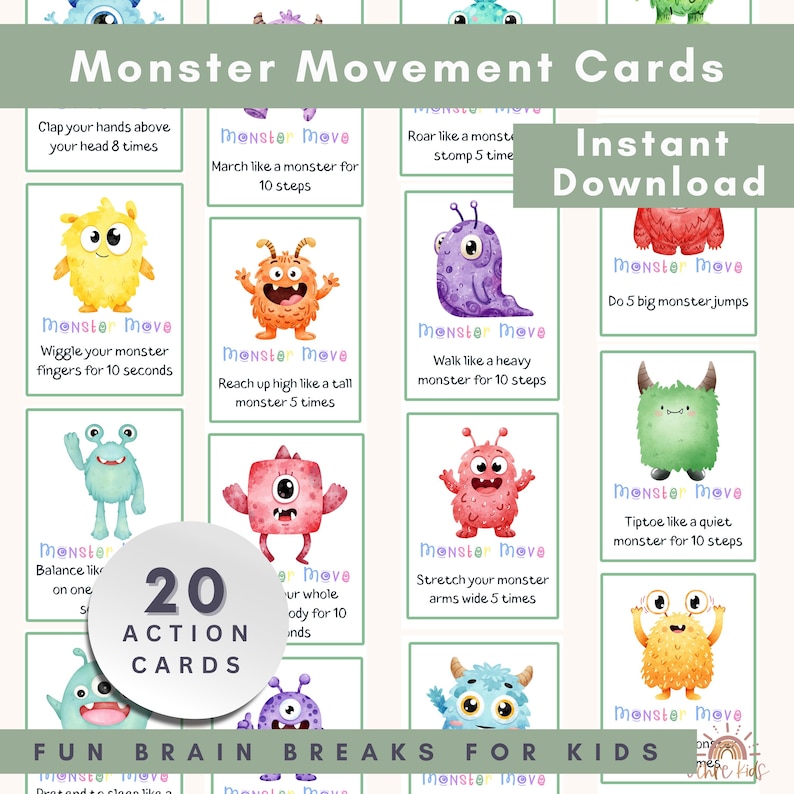 Monster Movement Cards for Kids | Preschool Brain Break Activity | Gross Motor Game for Classroom & Home | Indoor Energy Release Printable