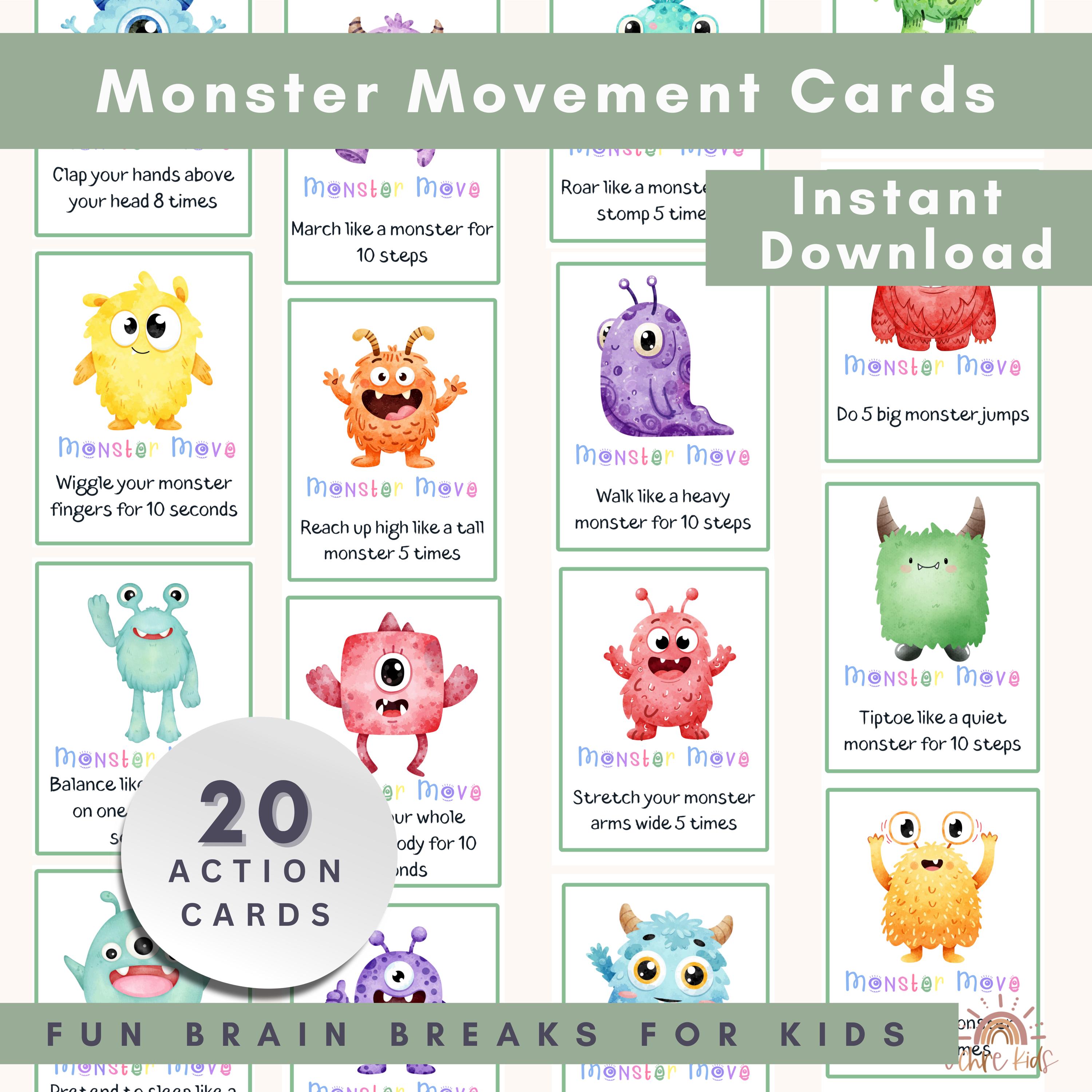 Monster Movement Cards for Kids | Preschool Brain Break Activity ...