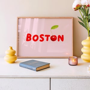 Boston Wall Art, Cherry Print, Girly Wall Art, Trendy Kitchen Print, College Apartment Wall Decor, Bar Cart Print, Dopamine Decor