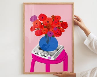 Poppies Flower Art Print, Pink Girly New York Print, Quirky Print, Blue Vase Bouquet Print, Fashion Book Decor, Flower Market New York