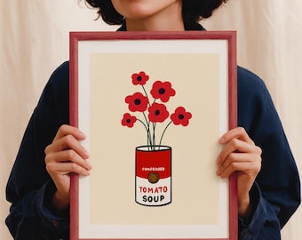 Red Poppy Flower Print, Tomato Can, Hand Drawn Wall Art, Quirky Food Digital Download