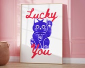 Lucky You Wall Art, Maneki Neko Cat Print, Preppy Room Decor