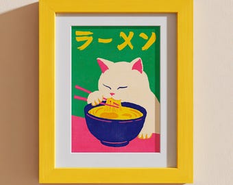 Japanese Cat Eating Noodles Art Print: Ramen Poster Wall Art, Dopamine Kitchen Decor