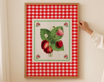 Vintage Strawberry Gingham Print: Cottagecore Kitchen Wall Art (Digital Download)