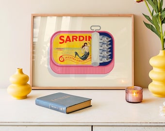 Retro Sardines Art Print, Tinned Fish Print, Seafood Print, French Bistro Decor, Coastal Food Art, Trendy Kitchen Print, Mermaid Print
