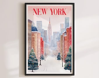 New York City Christmas Print, Pink Winter Art (Digital Download)