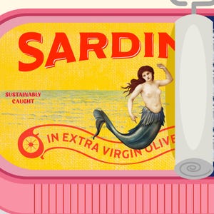 May include: A sardine can with a yellow background and the word "SARDIN" in large red letters. The can features a mermaid illustration and the text "IN EXTRA VIRGIN OLIVE". The words "SUSTAINABLY CAUGHT" are also visible.