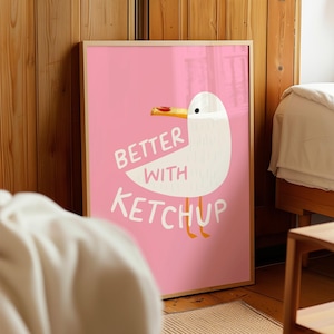 Lámina artística de gaviota divertida, póster playero bonito, arte de papas fritas, lámina costera rosa, arte playero caprichoso, decoración de casa de lago