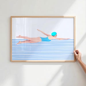 Retro Swimmer Painting, Swimming Pool Art Print, Trendy Beach Print, Lake House Decor, Cottagecore Art, Striped Wall Art, Coastal Summer Art