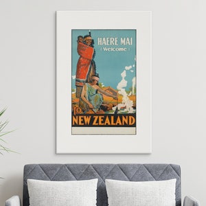 Vintage New Zealand Travel Poster: Maori Art, Haere Mai Welcome ...
