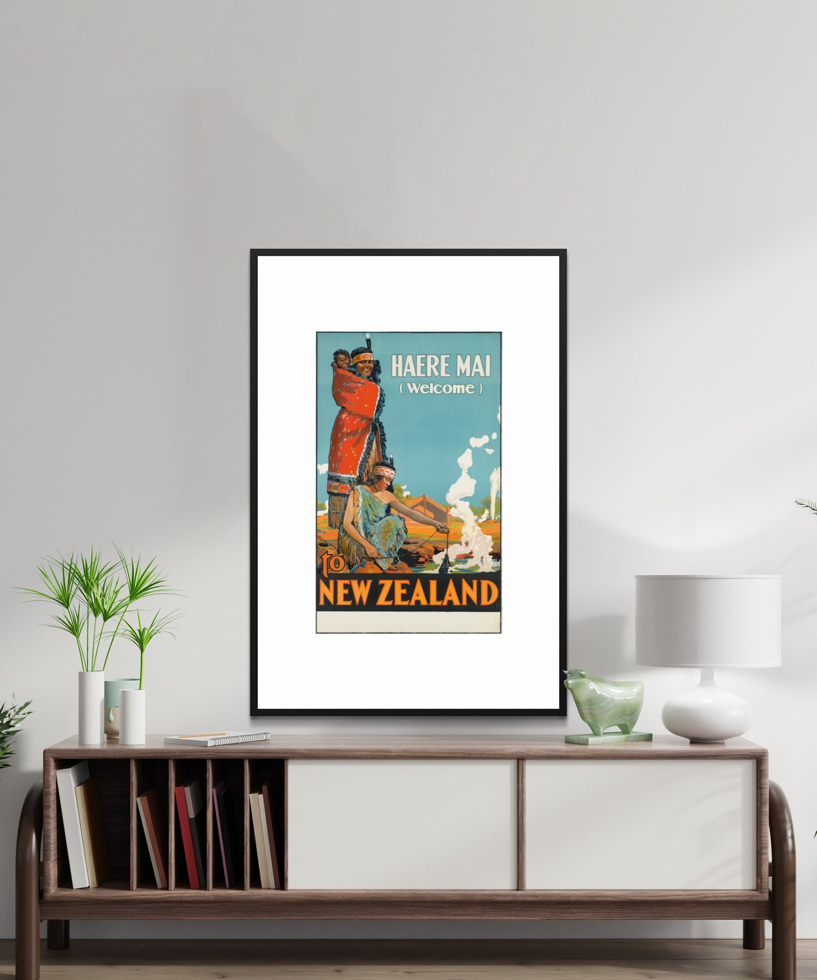 Vintage New Zealand Travel Poster: Maori Art, Haere Mai Welcome ...
