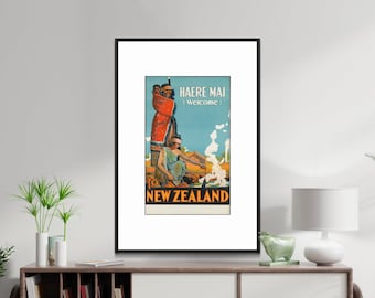 Vintage New Zealand Travel Poster: Maori Art, Haere Mai Welcome (Digital Download)
