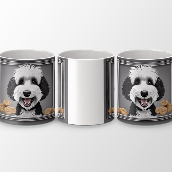 Black and White Sheepadoodle Dog Mug, Cute Puppy Coffee Cup, Pet Lover Gift, Animal Themed Kitchenware