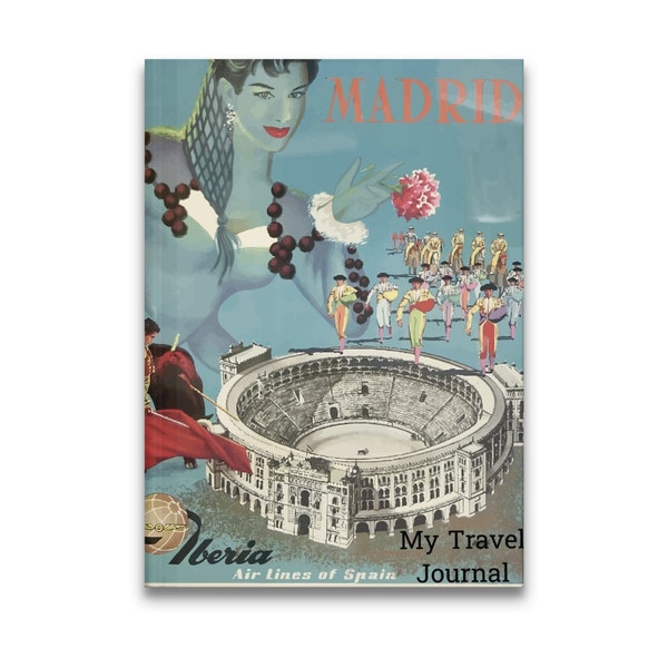 Vintage Madrid Poster Art Writing Journal, Spain Travel Theme Notebook, Retro Bullfighting and Flamenco Dancer Design