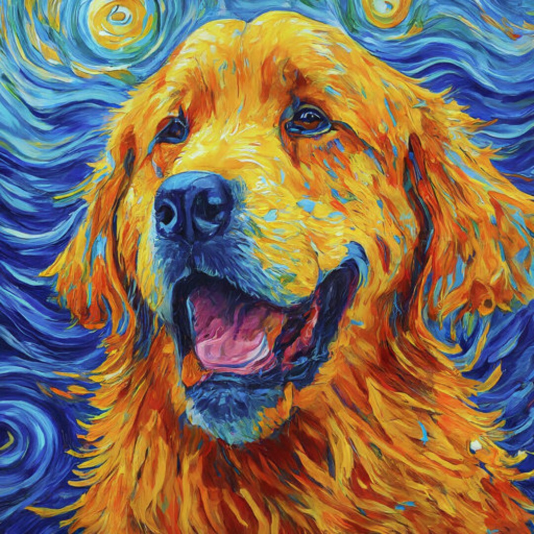 Colorful Golden Retriever Digital Art Print, Starry Night Inspired Pet