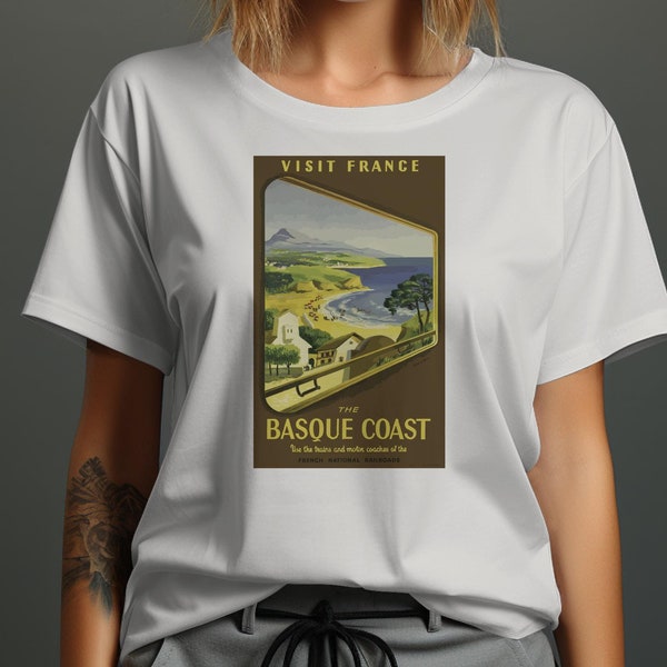 Vintage Visit France Basque Coast Travel Poster T-Shirt, Retro French Riviera Graphic Tee, Unisex