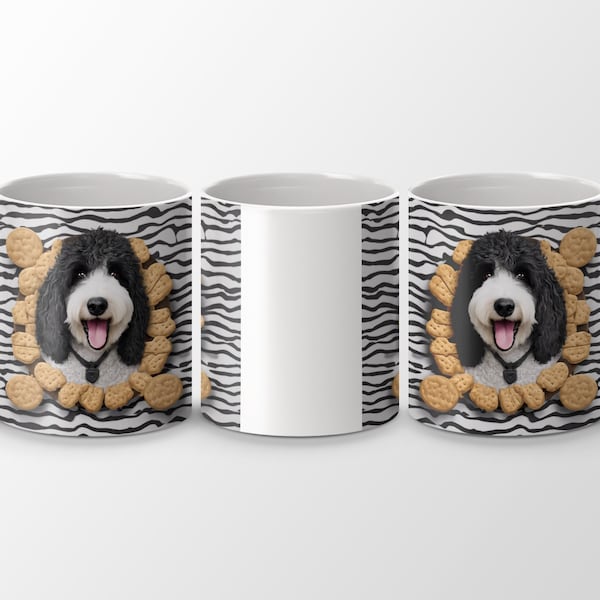 Black and White Sheepadoodle Dog Mug, Cute Dog with Cookies Coffee Cup, Animal Lover Gift, Pet Themed Kitchen Accessory