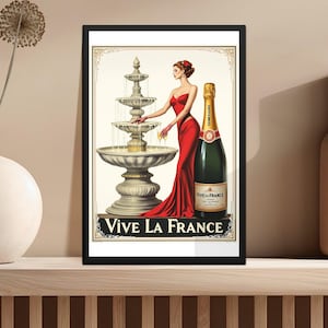 Vintage French Poster, Champagne Art Print, Vive La France Decor, Digital Wall Art, Retro Fashion Illustration