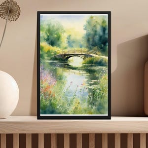 Serene Watercolor Landscape Digital Download, Tranquil Garden Bridge Art Print, Instant Download Wall Art, Scenic Summer Poster