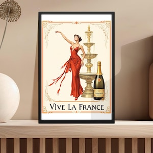 Vintage Vive La France Art Print: Retro Champagne Lady Parisian Decor