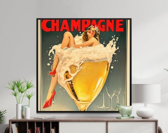 Póster de champán vintage, impresión de arte mural retro, anuncio de bebida clásica, decoración vintage para el hogar, impresión de decoración de bar, obra de arte de champán