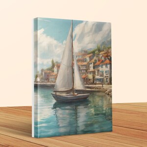 Watercolor Sailboat Art: Nautical Coastal Harbor Scene (Digital Download)