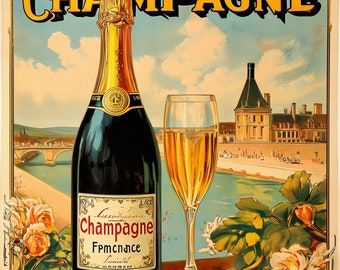 Cartel de champán vintage, arte de la pared de champán francés, impresión de bebida retro, descarga digital, decoración de bar imprimible, cartel de licor vintage