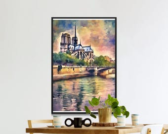 Watercolor Notre Dame Paris Art Print: Vintage Paris Poster (Digital Download)