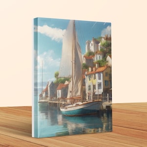 Nautical Harbor Painting: Coastal Seaside Town Art (Digital Download)
