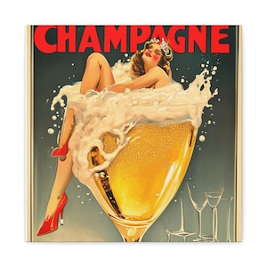 Póster de champán vintage, impresión de arte de pared retro, anuncio de bebida clásica, decoración del hogar vintage, impresión de decoración de bar, obra de arte de champán