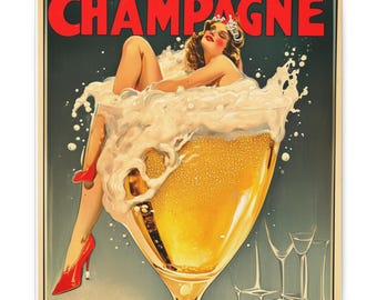 Póster de champán vintage, impresión de arte de pared retro, anuncio de bebida clásica, decoración del hogar vintage, impresión de decoración de bar, obra de arte de champán
