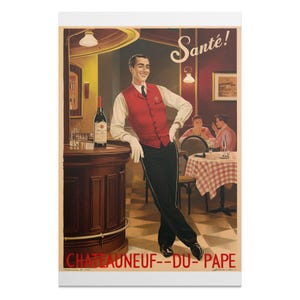 Vintage French Wine Poster Print, Chateauneuf-du-Pape Wall Art, Retro Wine Bar Decor, Digital Download, Classic French Bistro Print