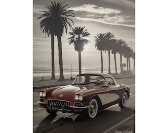 Vintage Car Art Print: Black and White Coastal Photography (Digital Download)
